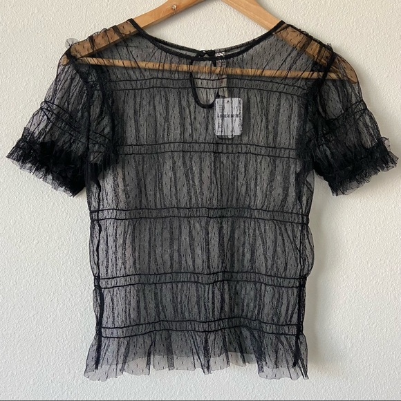 Free People Tops - Free People Sheer Black Dotted Mesh Short Sleeve Blouse